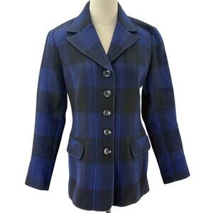 Tribal Women's 4 Blue Plaid Wool Blend Blazer Jacket Button Front Medium